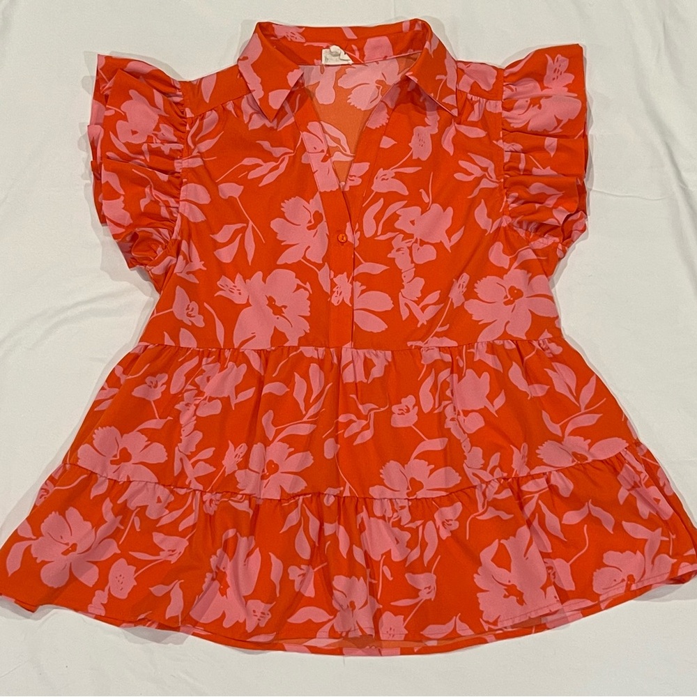 Floral Ruffle Sleeve Blouse - Red and Pink
